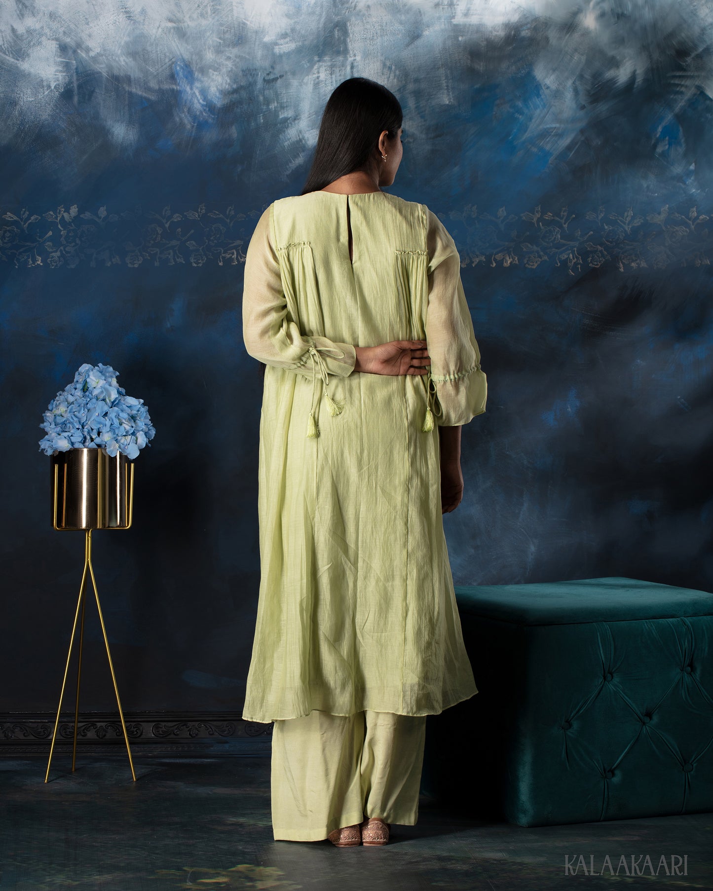 Shadow lime gathered salwar set with fluid drape and contemporary elegance, crafted for a fresh and graceful ethnic look.