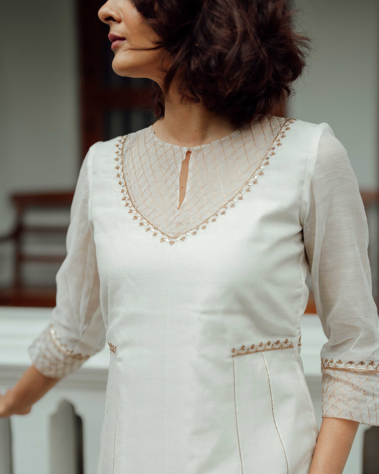 HANDLOOM CHANDERI SIDE PANEL DRESS WITH ORGANZA YOKE