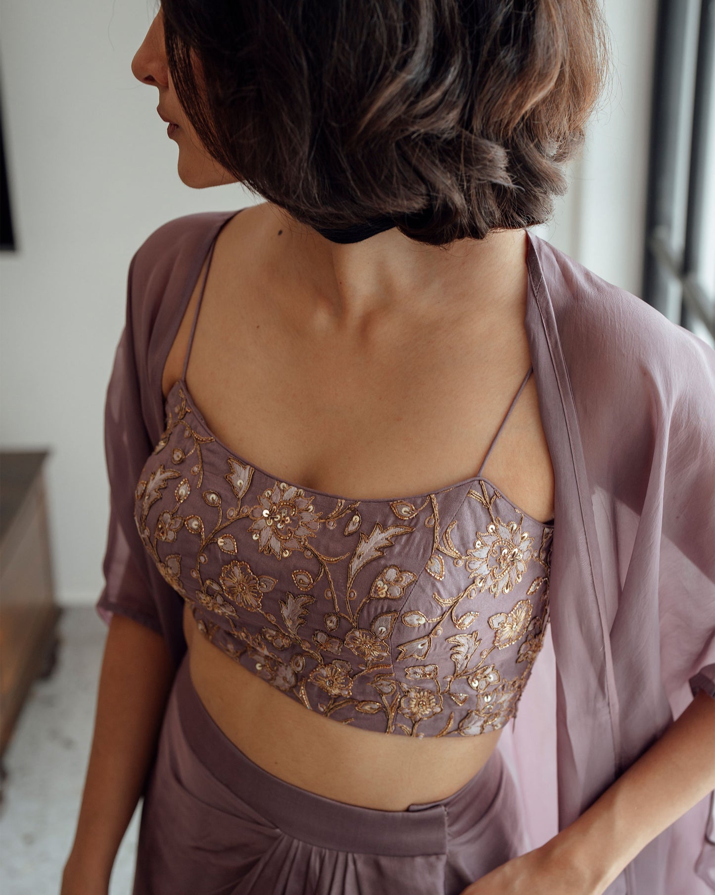 DARK MAUVE DRAPED SKIRT CROPTOP AND JACKET