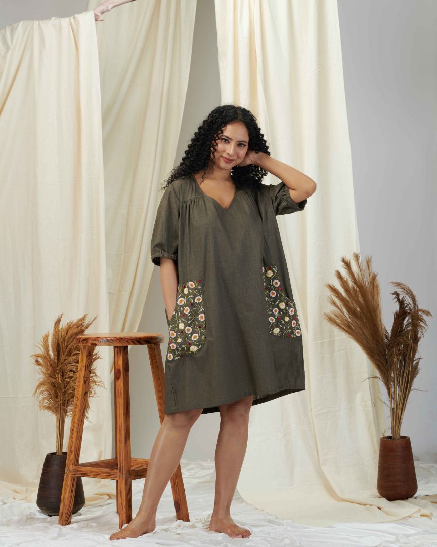 Olive Green Linen Dress - Women Linen Top Kpret by Kalakaari Olive Green Linen Dress - Women Linen Top Kpret by Kalakaari