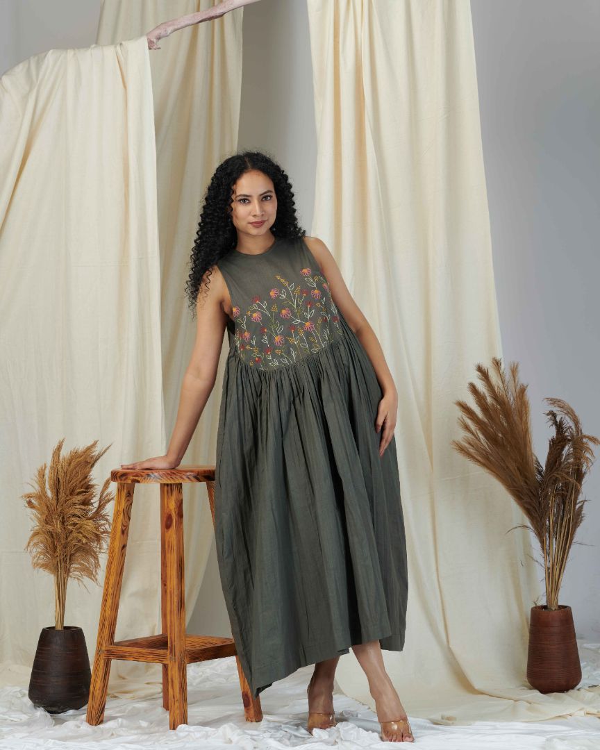 Olive Green Dress - Linen Top Kpret by Kalakaari Olive Green Dress - Linen Top Kpret by Kalakaari