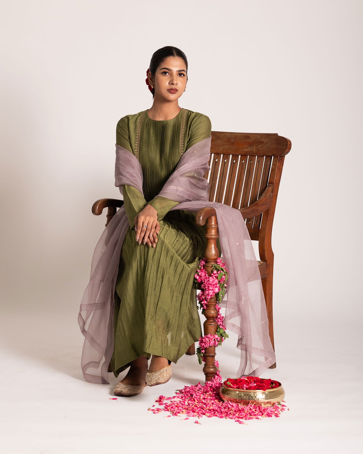 Green and light mauve centre pleated suit with graceful color harmony and refined silhouette, designed for an elegant and contemporary ethnic look.