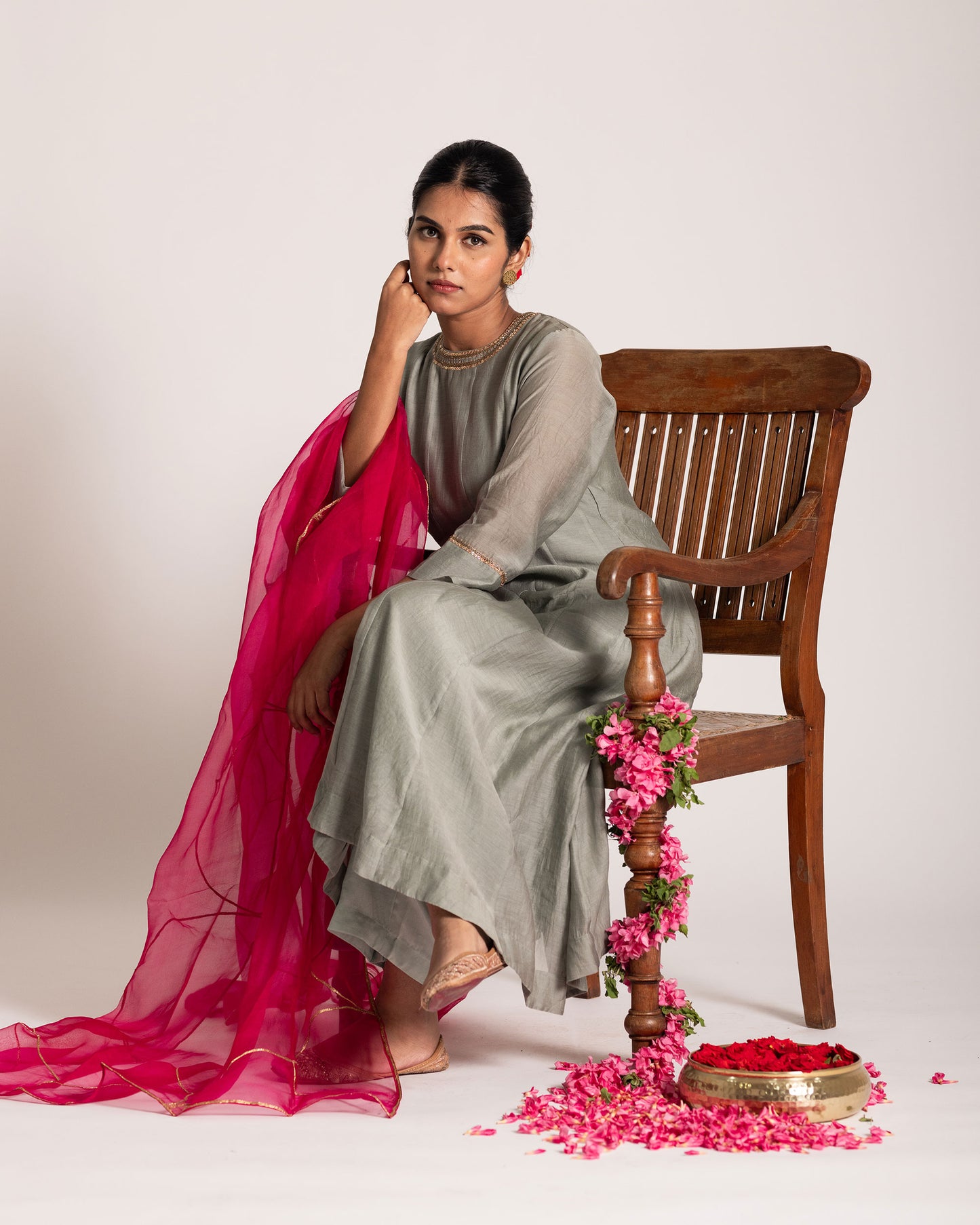 Teal grey and hot pink salwar set with striking color contrast and elegant design, perfect for a bold yet graceful ethnic statement.