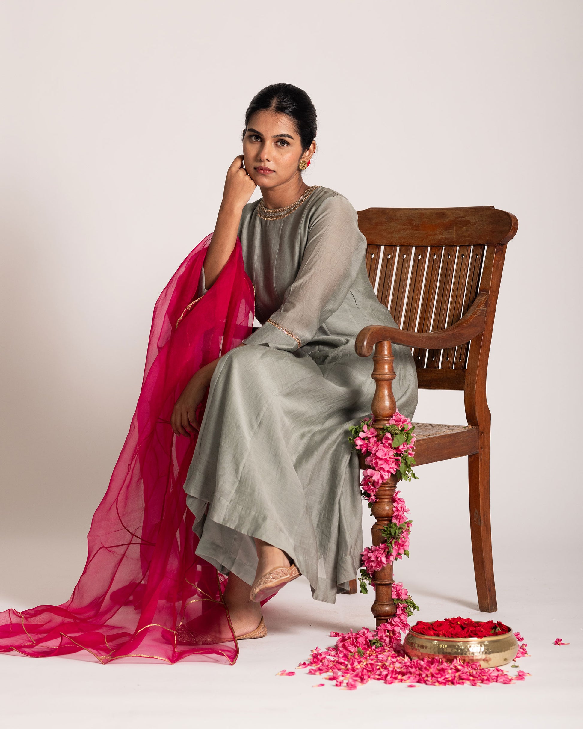 Teal grey and hot pink salwar set with striking color contrast and elegant design, perfect for a bold yet graceful ethnic statement.