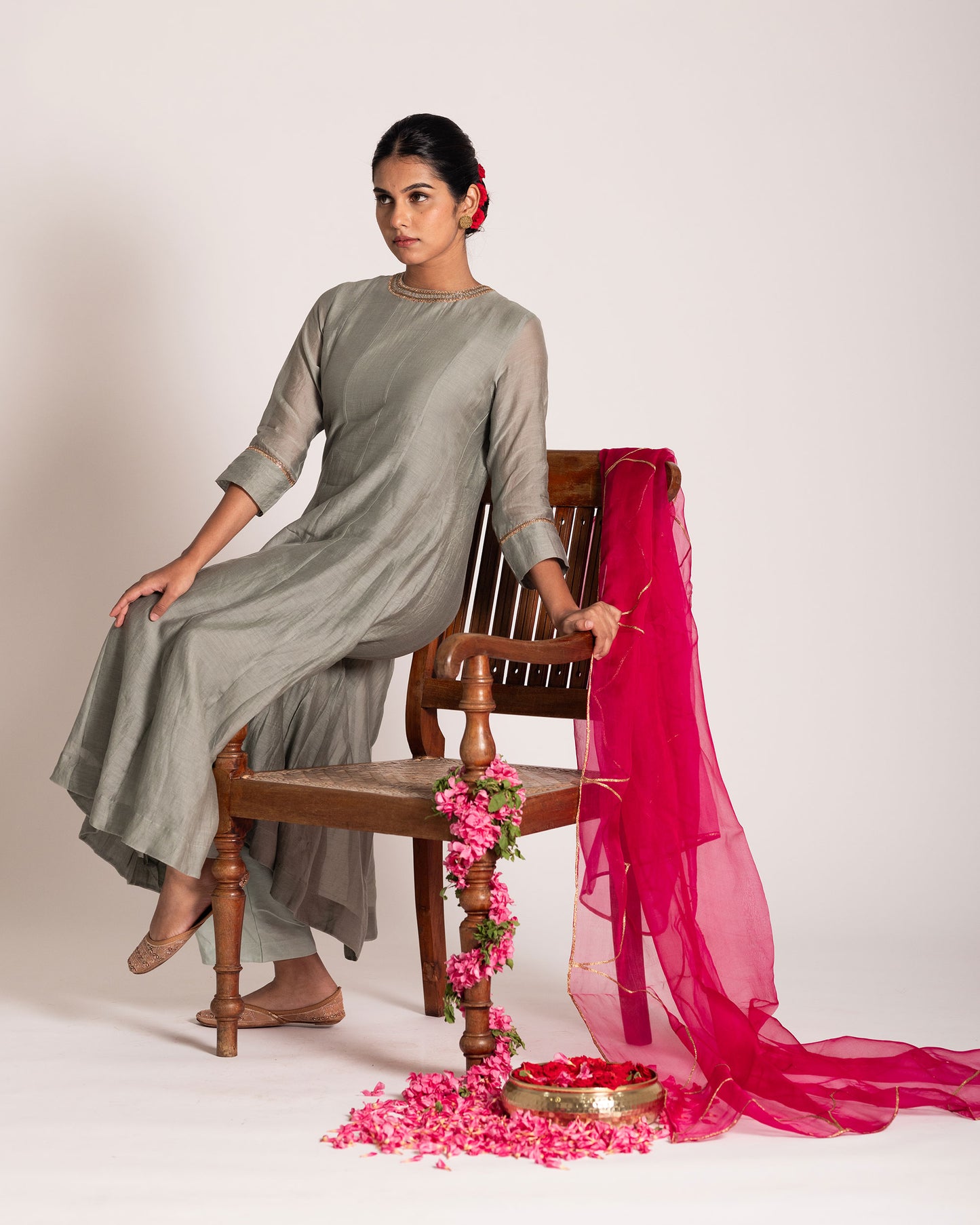 Teal grey and hot pink salwar set with striking color contrast and elegant design, perfect for a bold yet graceful ethnic statement.