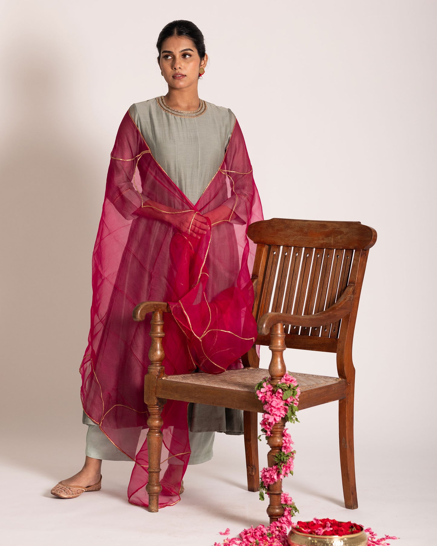 Teal grey and hot pink salwar set with striking color contrast and elegant design, perfect for a bold yet graceful ethnic statement.