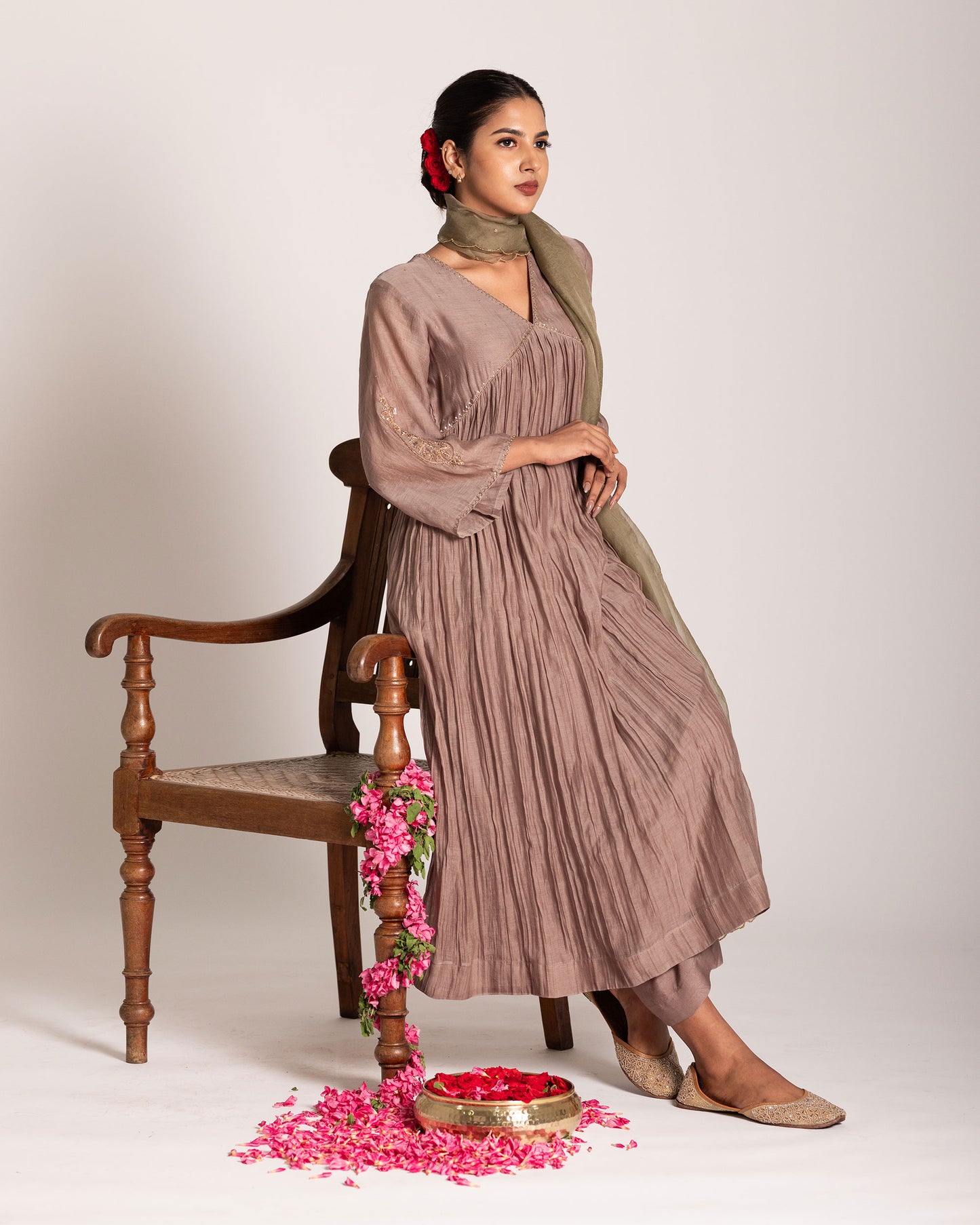 Warm taupe and sage green salwar set with harmonious earthy tones and elegant detailing, crafted for a sophisticated and effortlessly graceful ethnic ensemble.