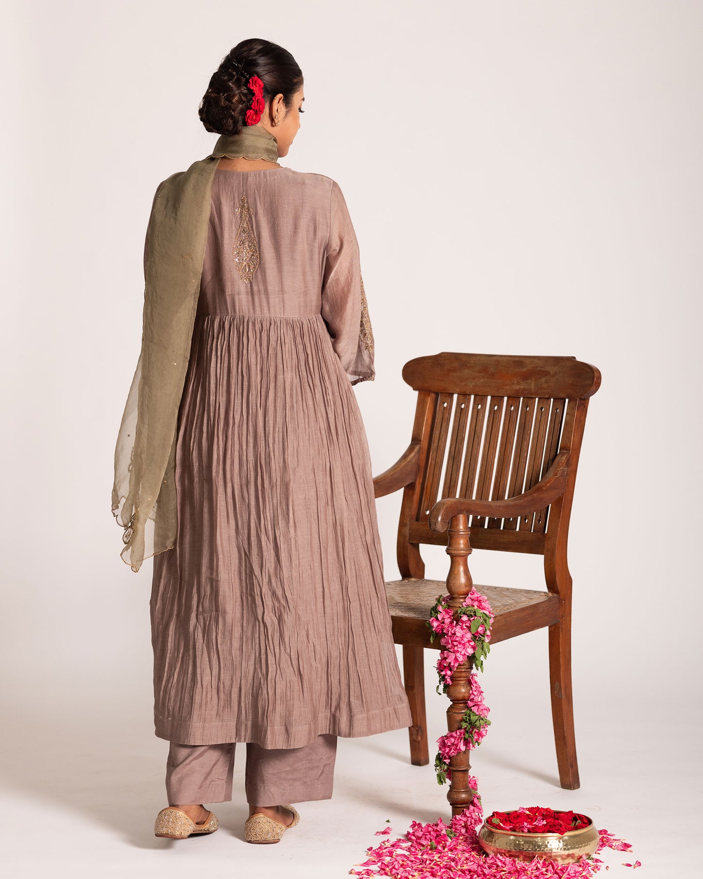 Warm taupe and sage green salwar set with harmonious earthy tones and elegant detailing, crafted for a sophisticated and effortlessly graceful ethnic ensemble.