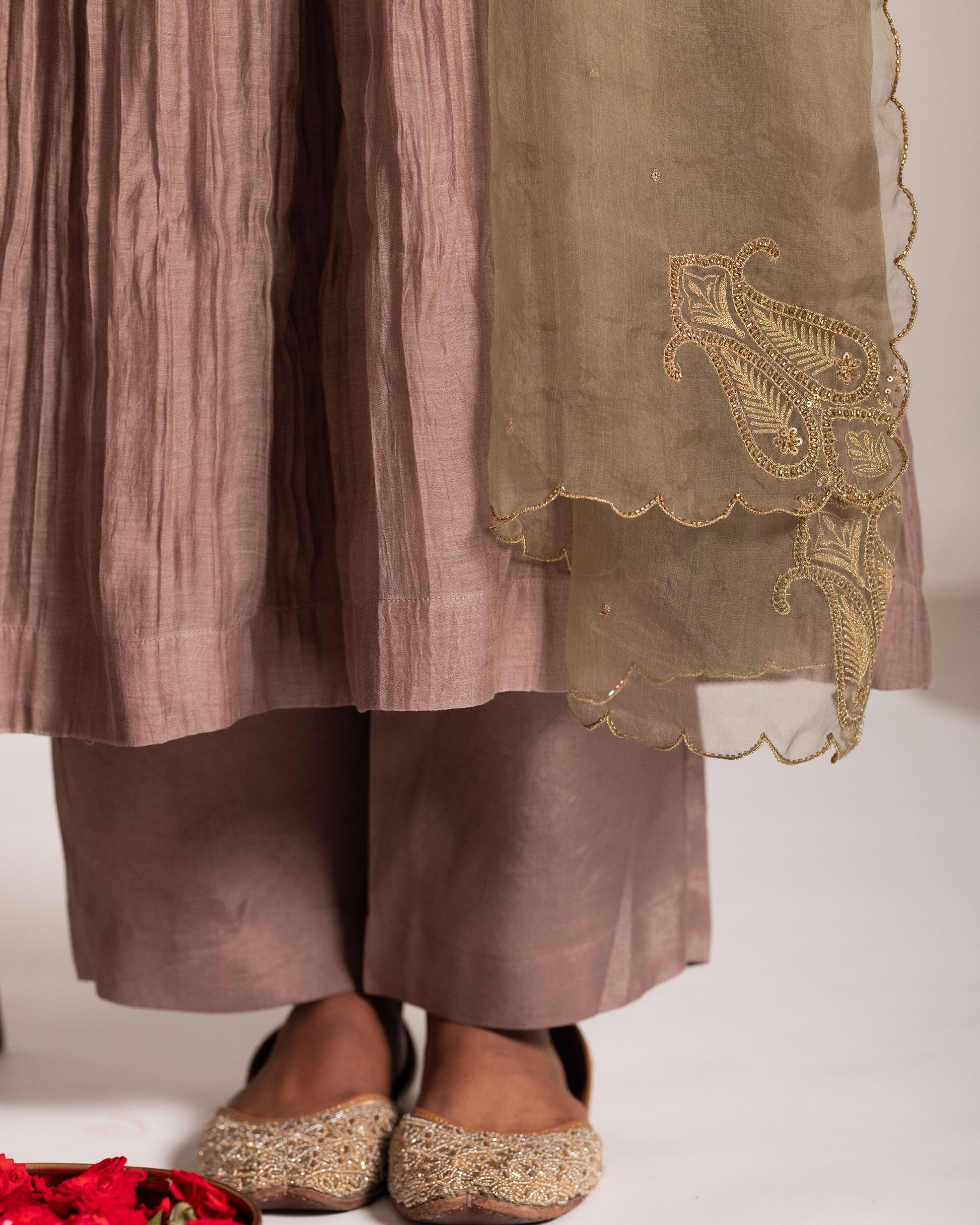 Warm taupe and sage green salwar set with harmonious earthy tones and elegant detailing, crafted for a sophisticated and effortlessly graceful ethnic ensemble.