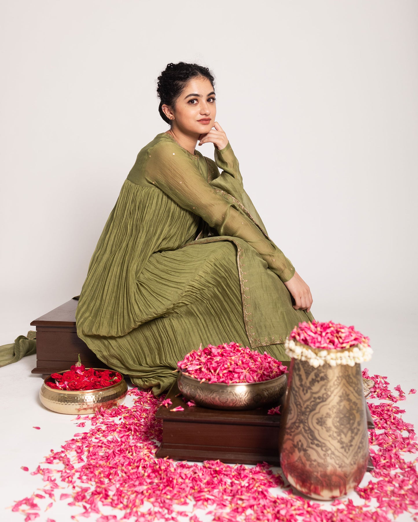 Olive green salwar set with earthy sophistication and elegant styling, crafted for a timeless and effortlessly graceful ethnic look.