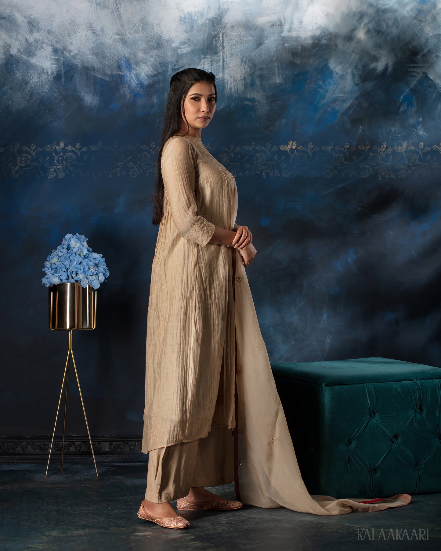 Bleached sand hand embroidered salwar set with subtle elegance and intricate detailing, designed for a timeless and sophisticated ethnic ensemble.