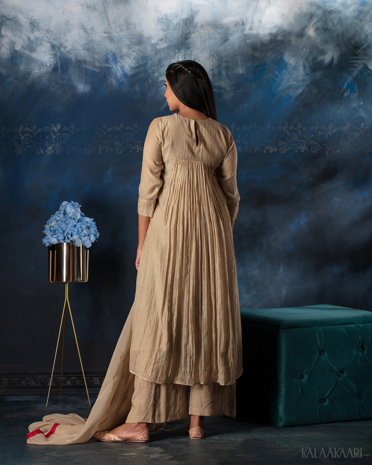 Bleached sand hand embroidered salwar set with subtle elegance and intricate detailing, designed for a timeless and sophisticated ethnic ensemble.
