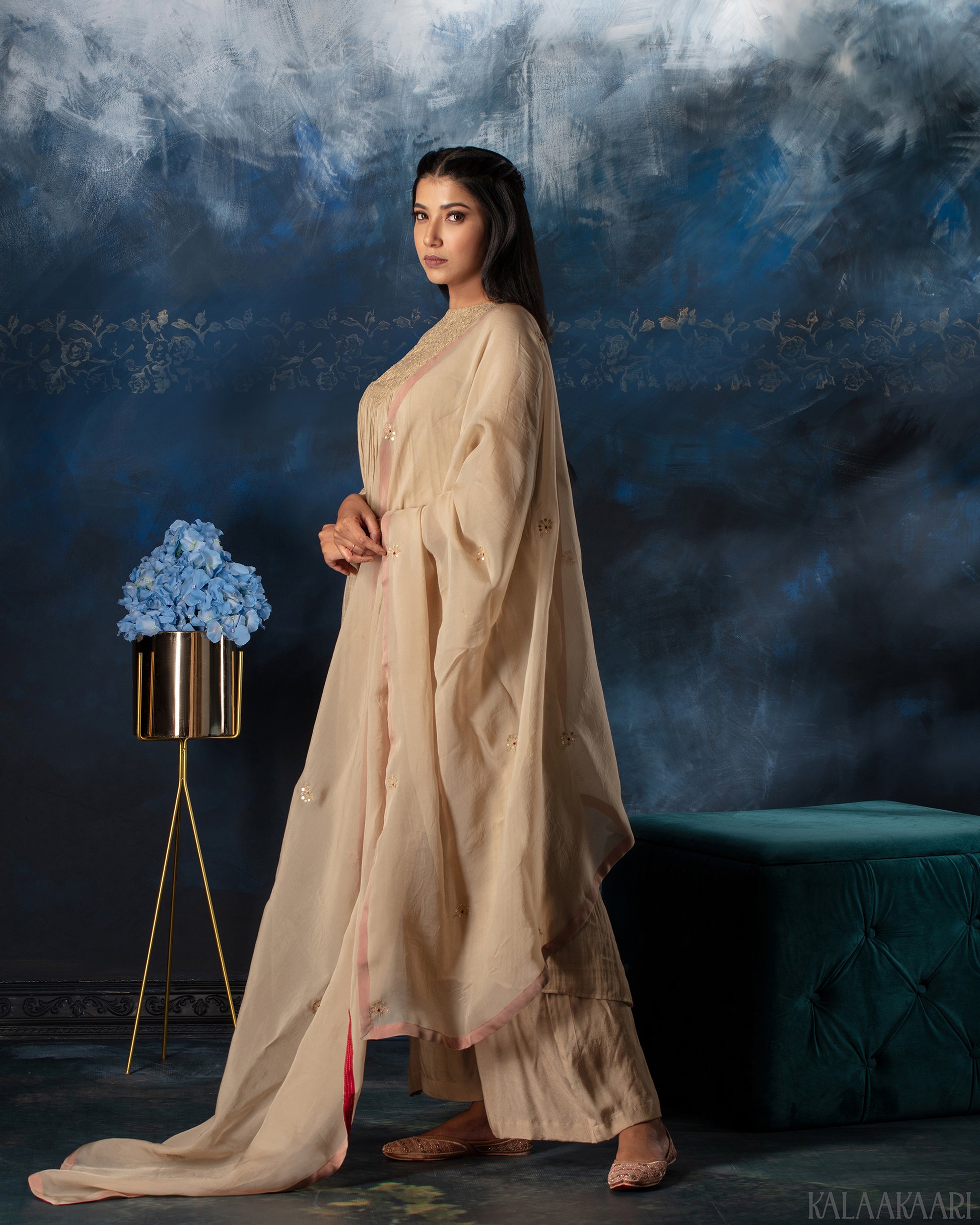 Bleached sand hand embroidered salwar set with subtle elegance and intricate detailing, designed for a timeless and sophisticated ethnic ensemble.