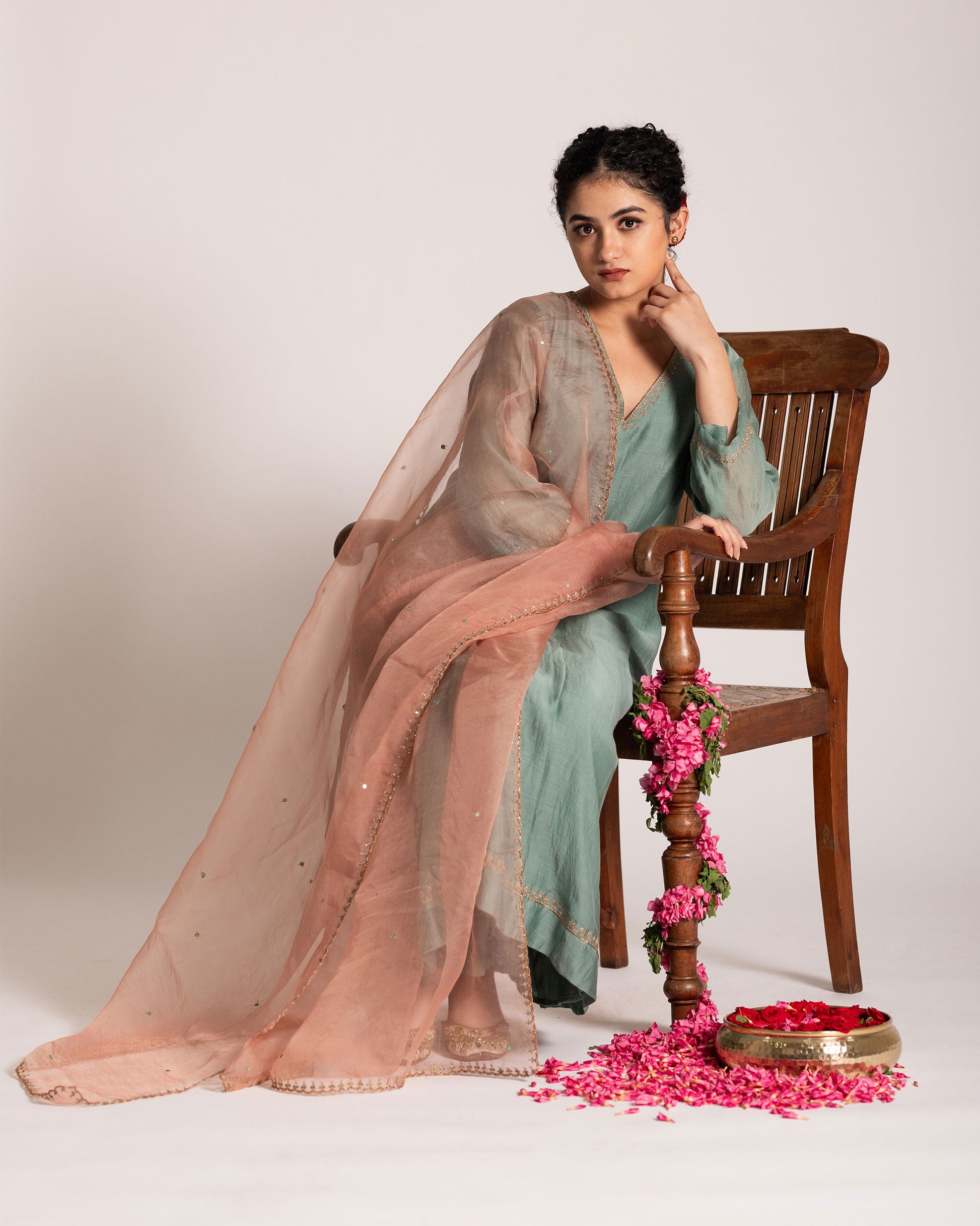 Teal blue and peach three panel set with vibrant contrast and graceful structure, crafted for a sophisticated and modern ethnic ensemble.