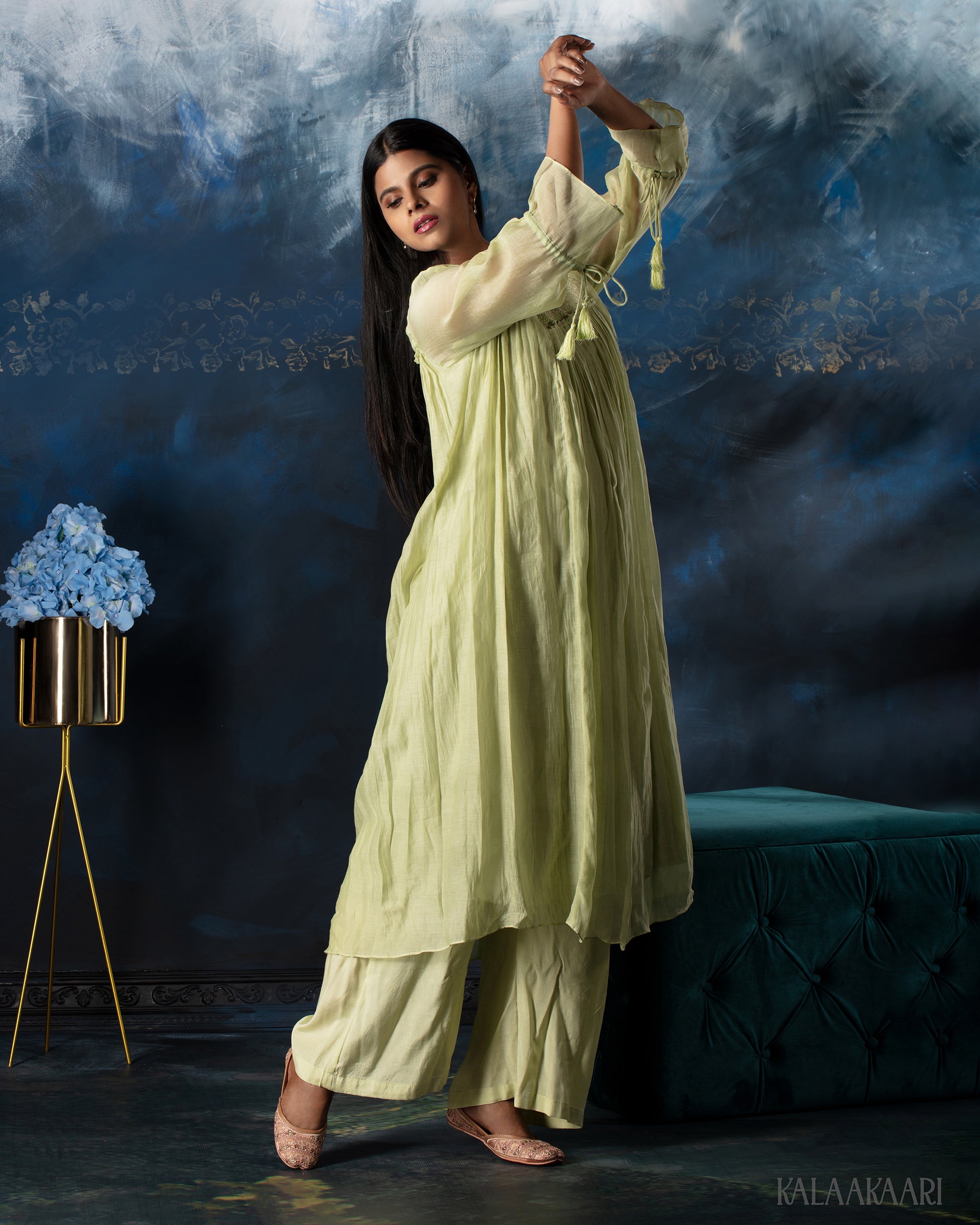 Shadow lime gathered salwar set with fluid drape and contemporary elegance, crafted for a fresh and graceful ethnic look.