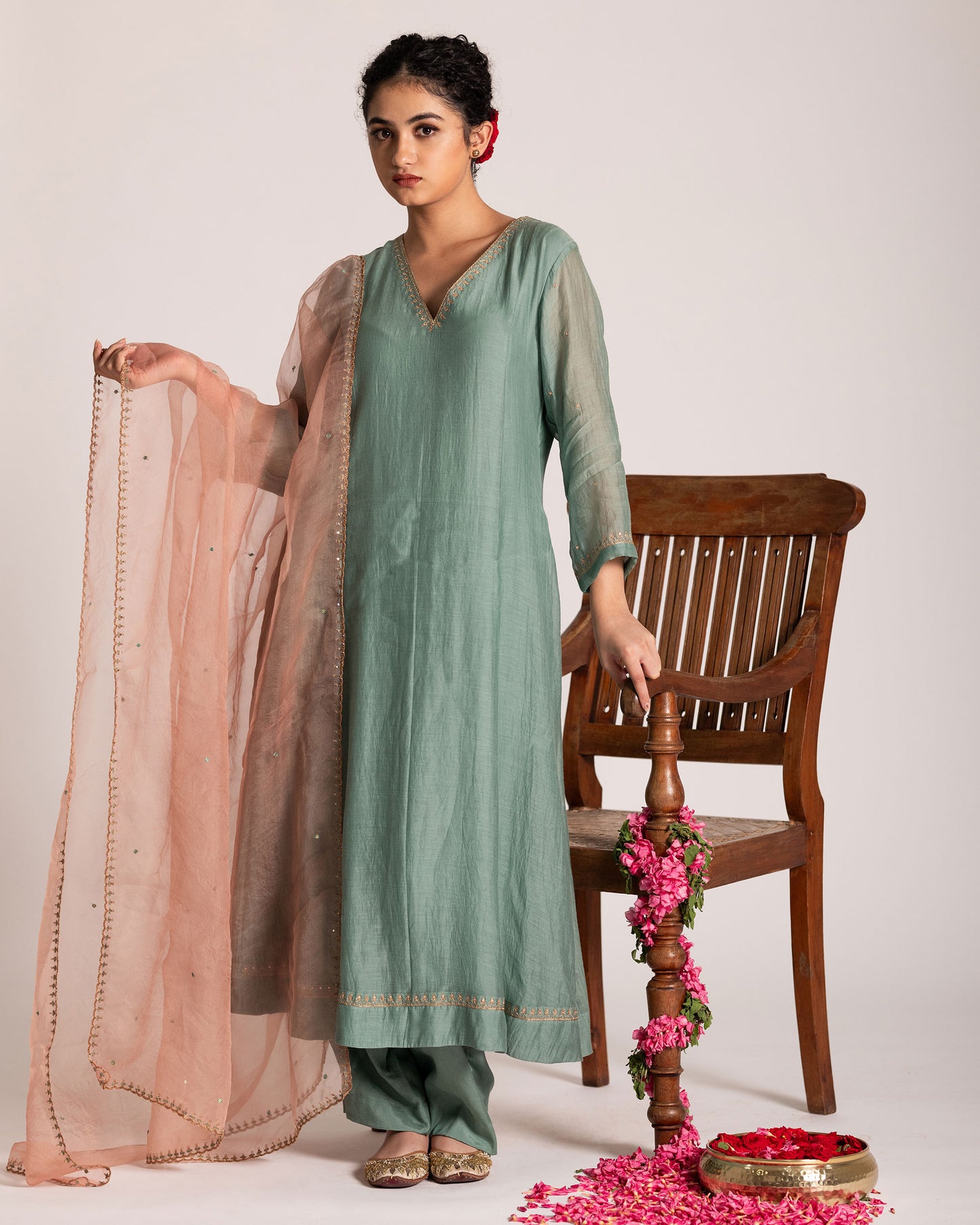 Teal blue and peach three panel set with vibrant contrast and graceful structure, crafted for a sophisticated and modern ethnic ensemble.