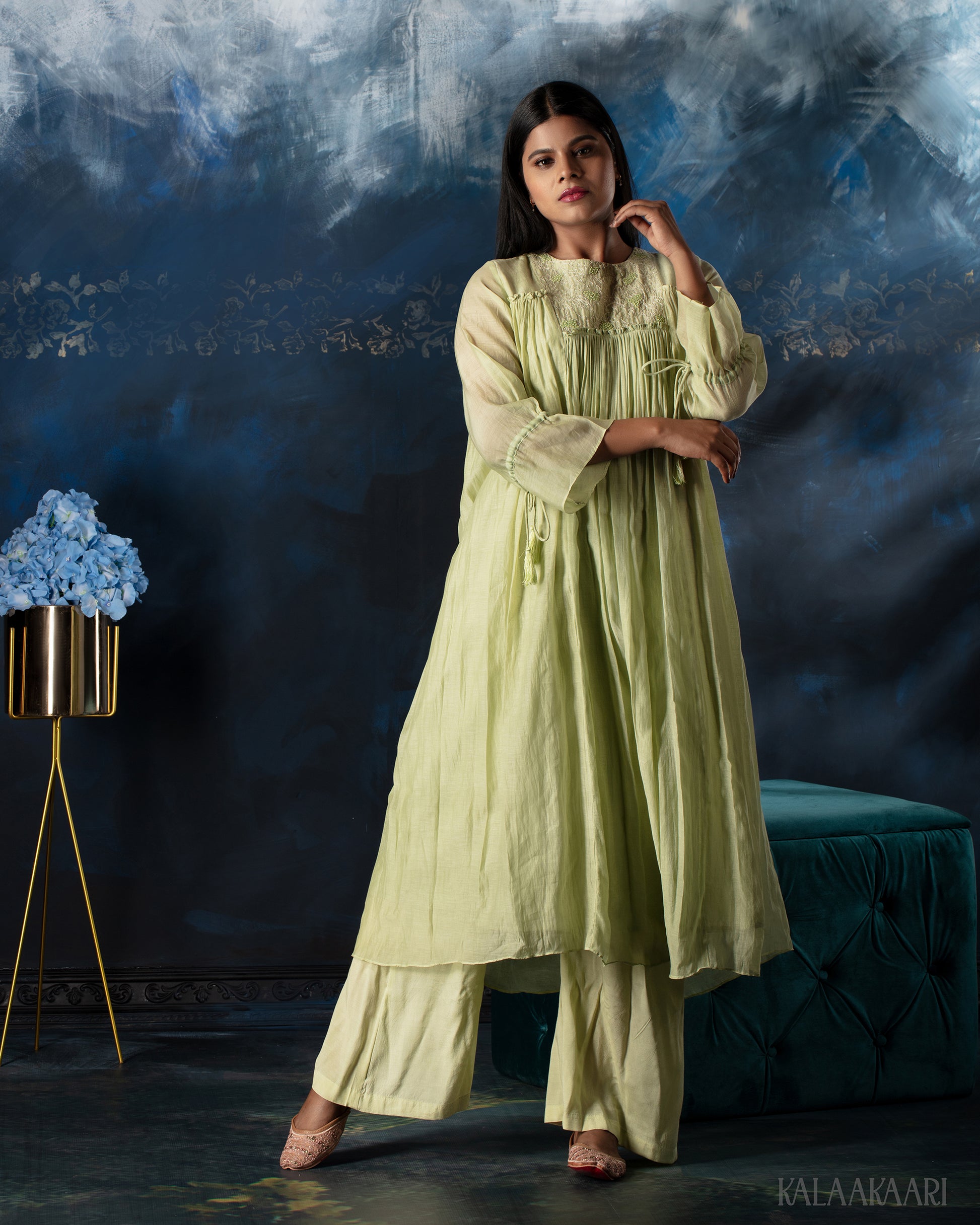Shadow lime gathered salwar set with fluid drape and contemporary elegance, crafted for a fresh and graceful ethnic look.