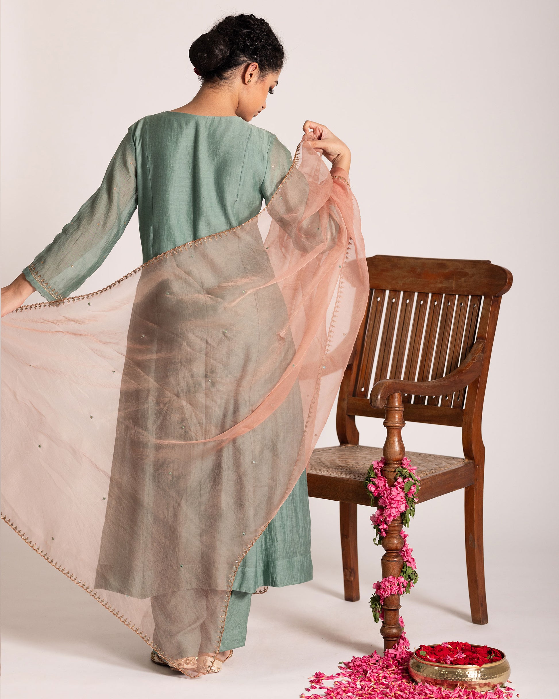 Teal blue and peach three panel set with vibrant contrast and graceful structure, crafted for a sophisticated and modern ethnic ensemble.