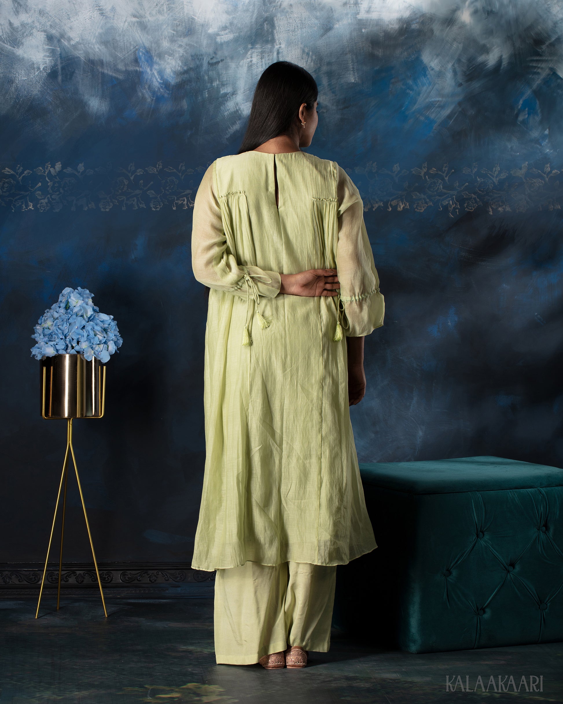 Shadow lime gathered salwar set with fluid drape and contemporary elegance, crafted for a fresh and graceful ethnic look.