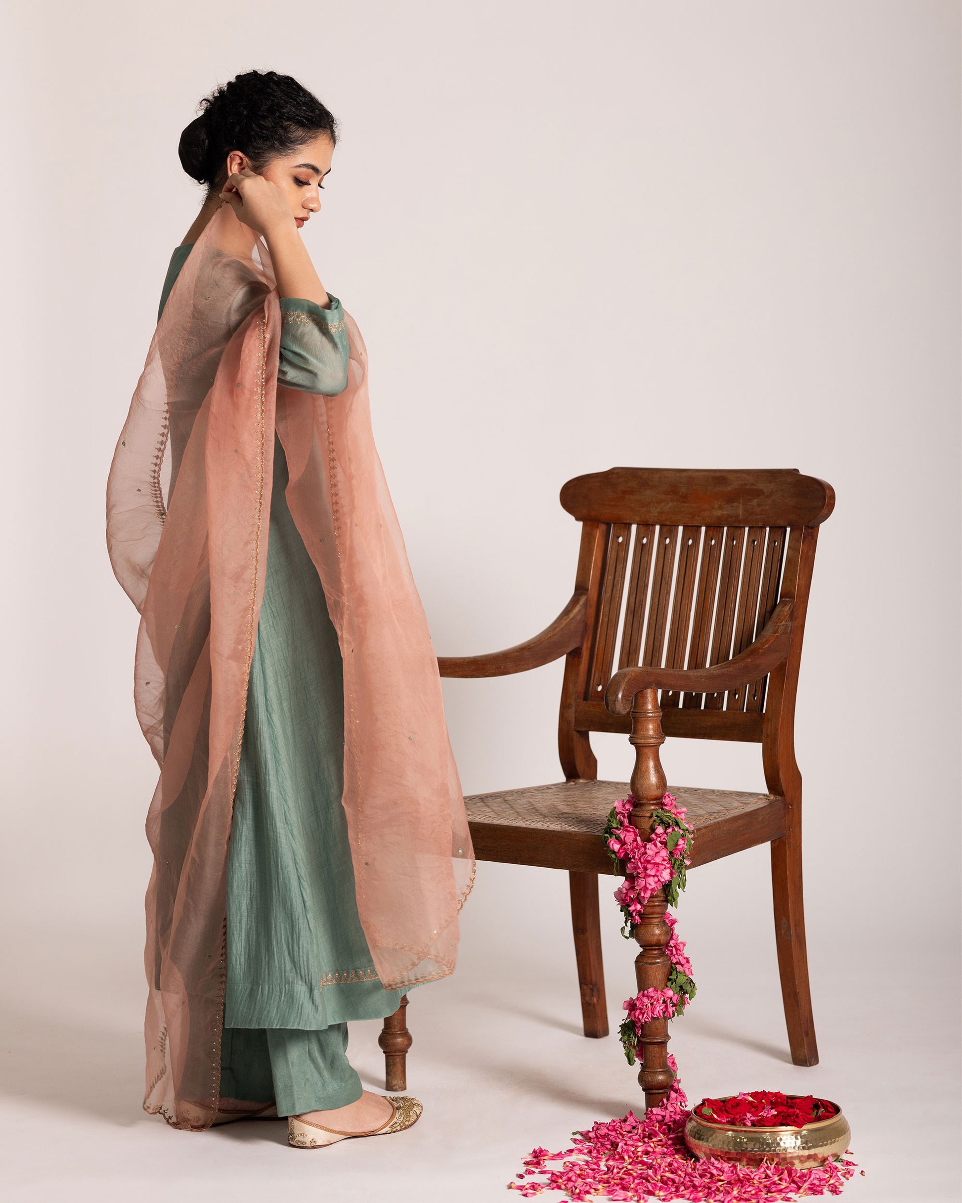Teal blue and peach three panel set with vibrant contrast and graceful structure, crafted for a sophisticated and modern ethnic ensemble.