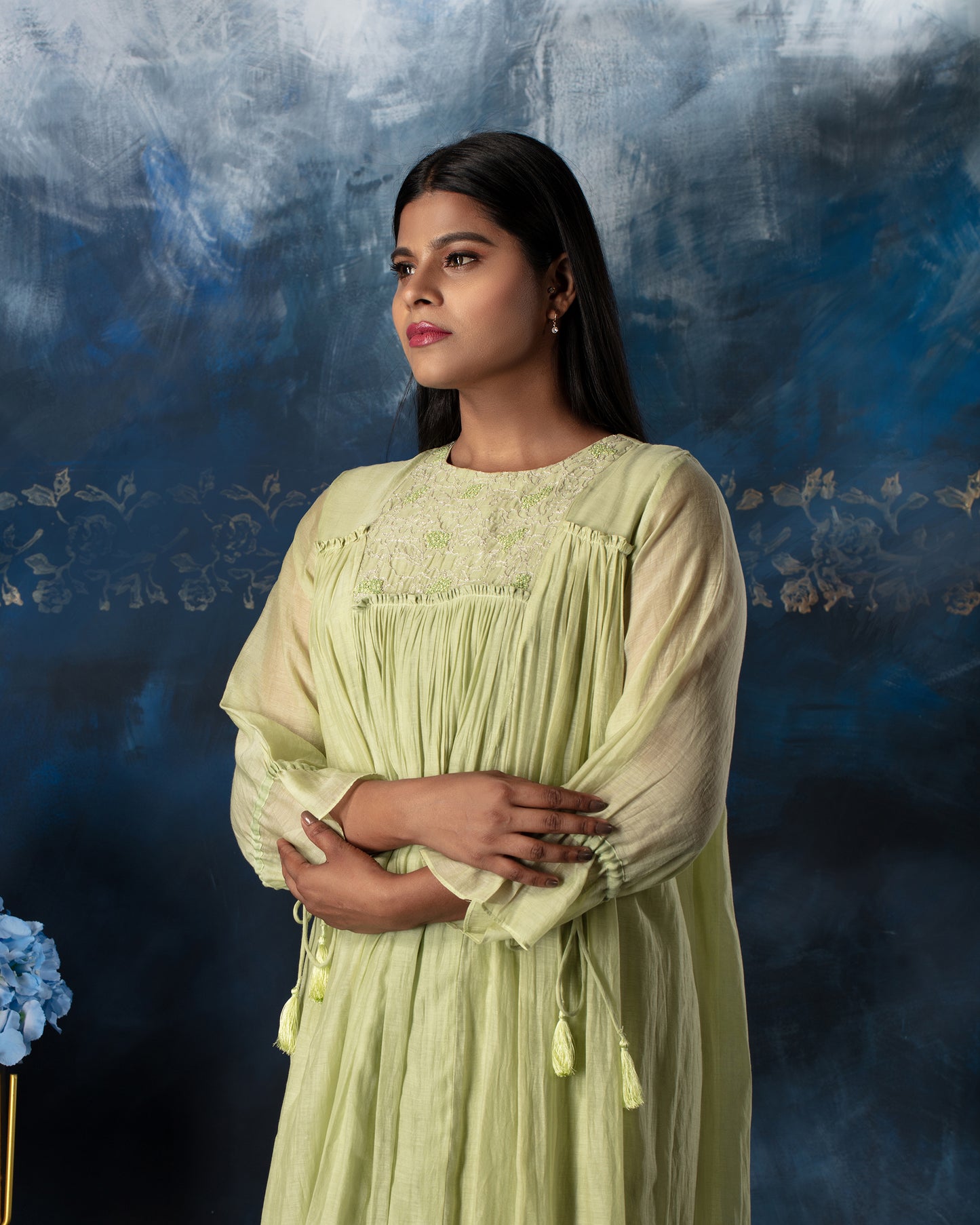 Shadow lime gathered salwar set with fluid drape and contemporary elegance, crafted for a fresh and graceful ethnic look.