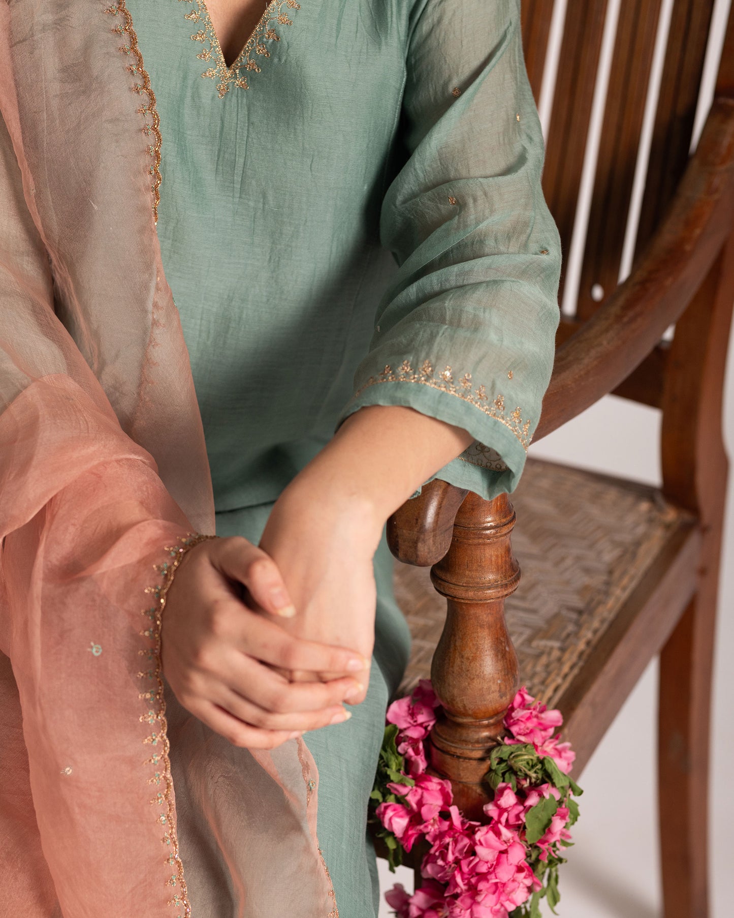 Teal blue and peach three panel set with vibrant contrast and graceful structure, crafted for a sophisticated and modern ethnic ensemble.