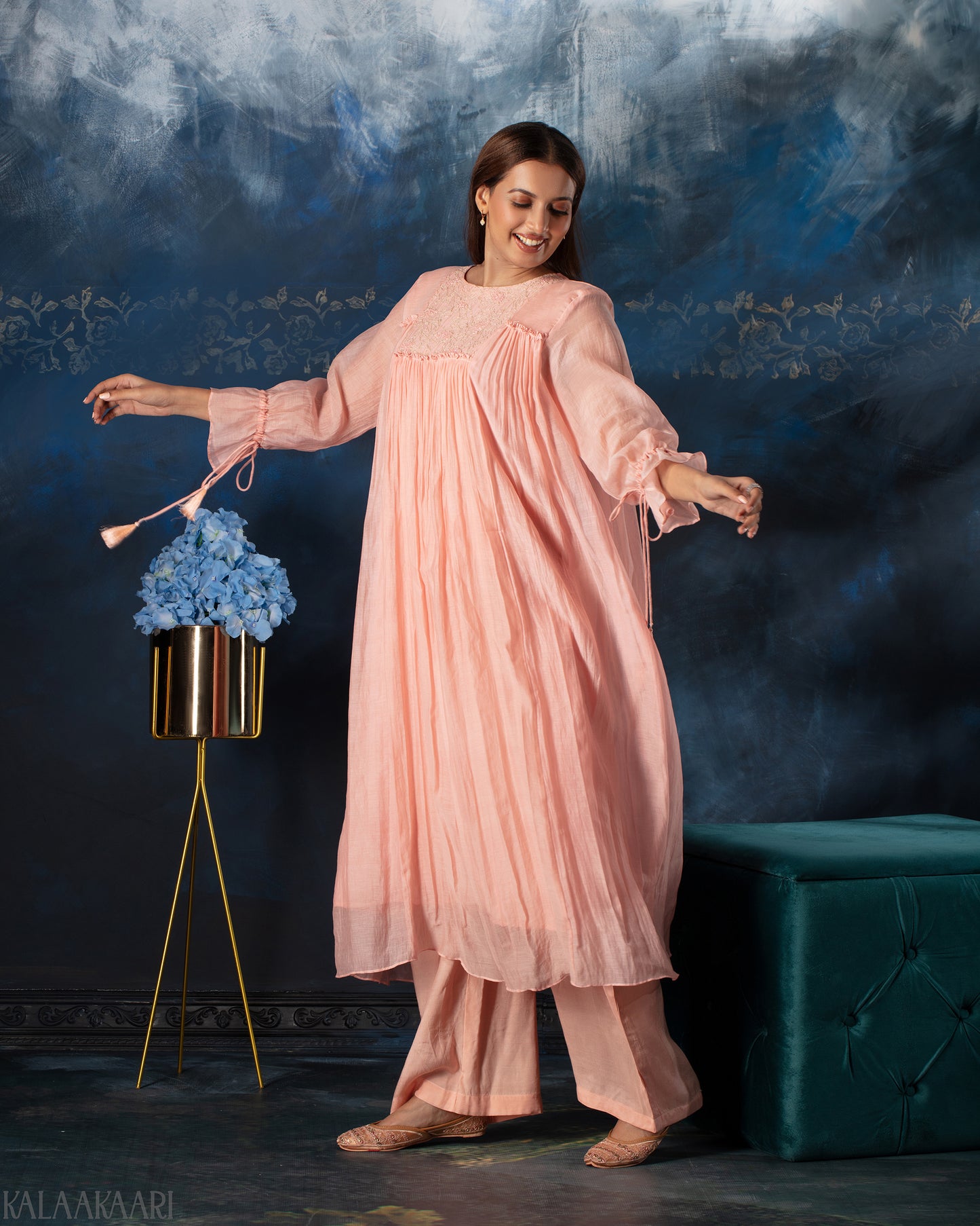 Rose quartz gathered salwar set with soft draping and graceful silhouette, designed for an elegant and effortlessly charming ethnic style.