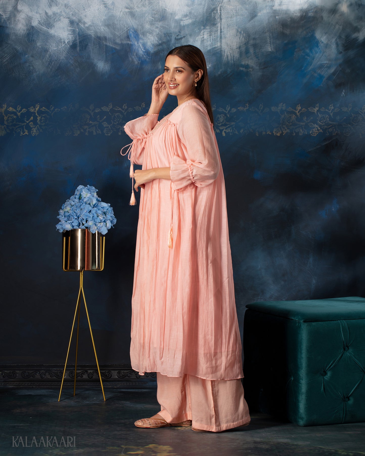 Rose quartz gathered salwar set with soft draping and graceful silhouette, designed for an elegant and effortlessly charming ethnic style.