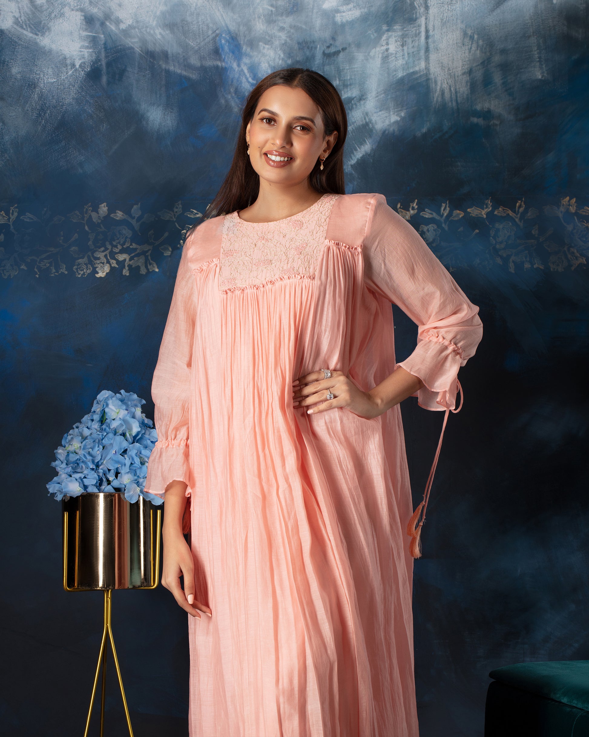 Rose quartz gathered salwar set with soft draping and graceful silhouette, designed for an elegant and effortlessly charming ethnic style.