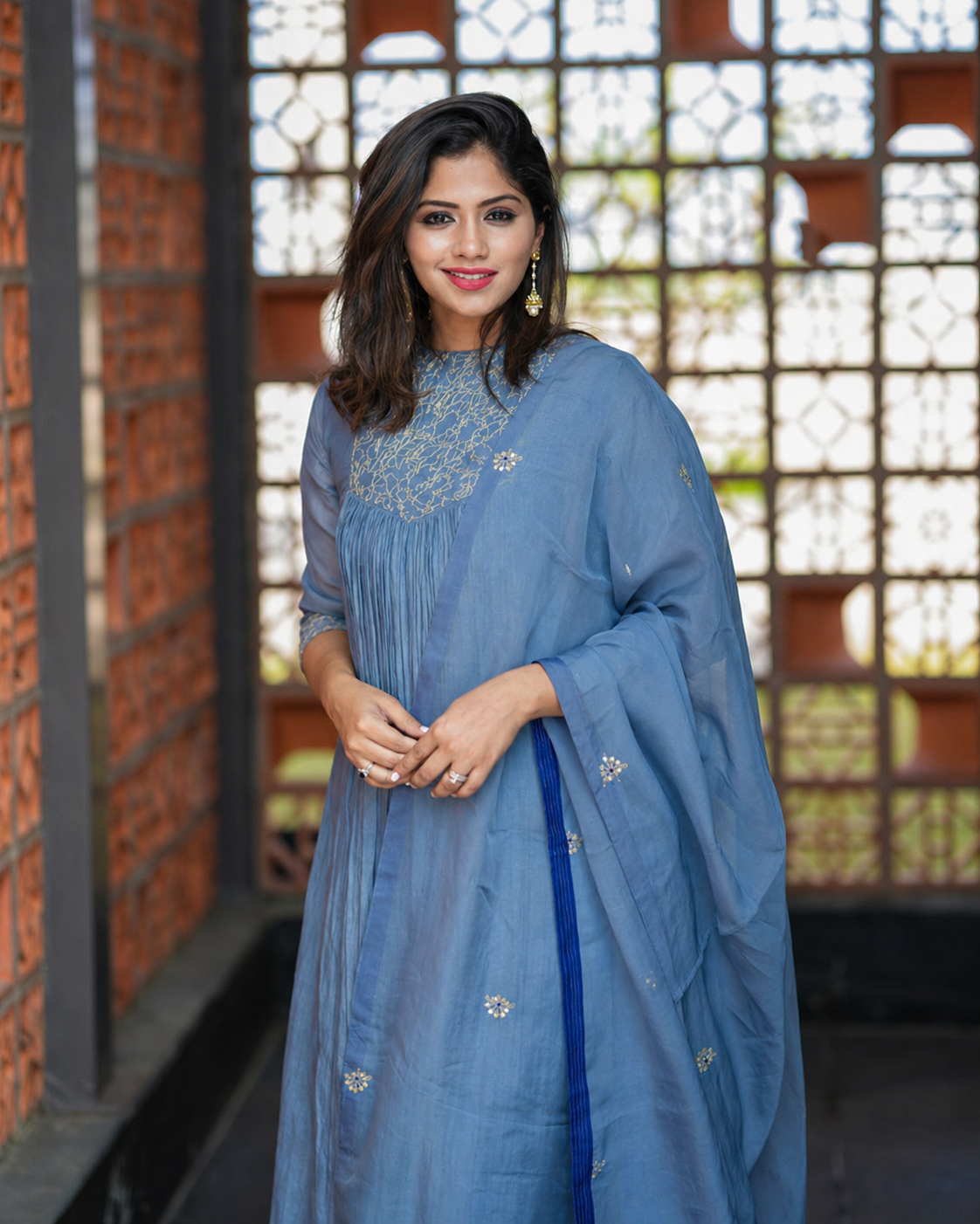 Cool grey hand embroidered salwar set featuring elegant detailing, crafted for a refined ethnic look with timeless sophistication
