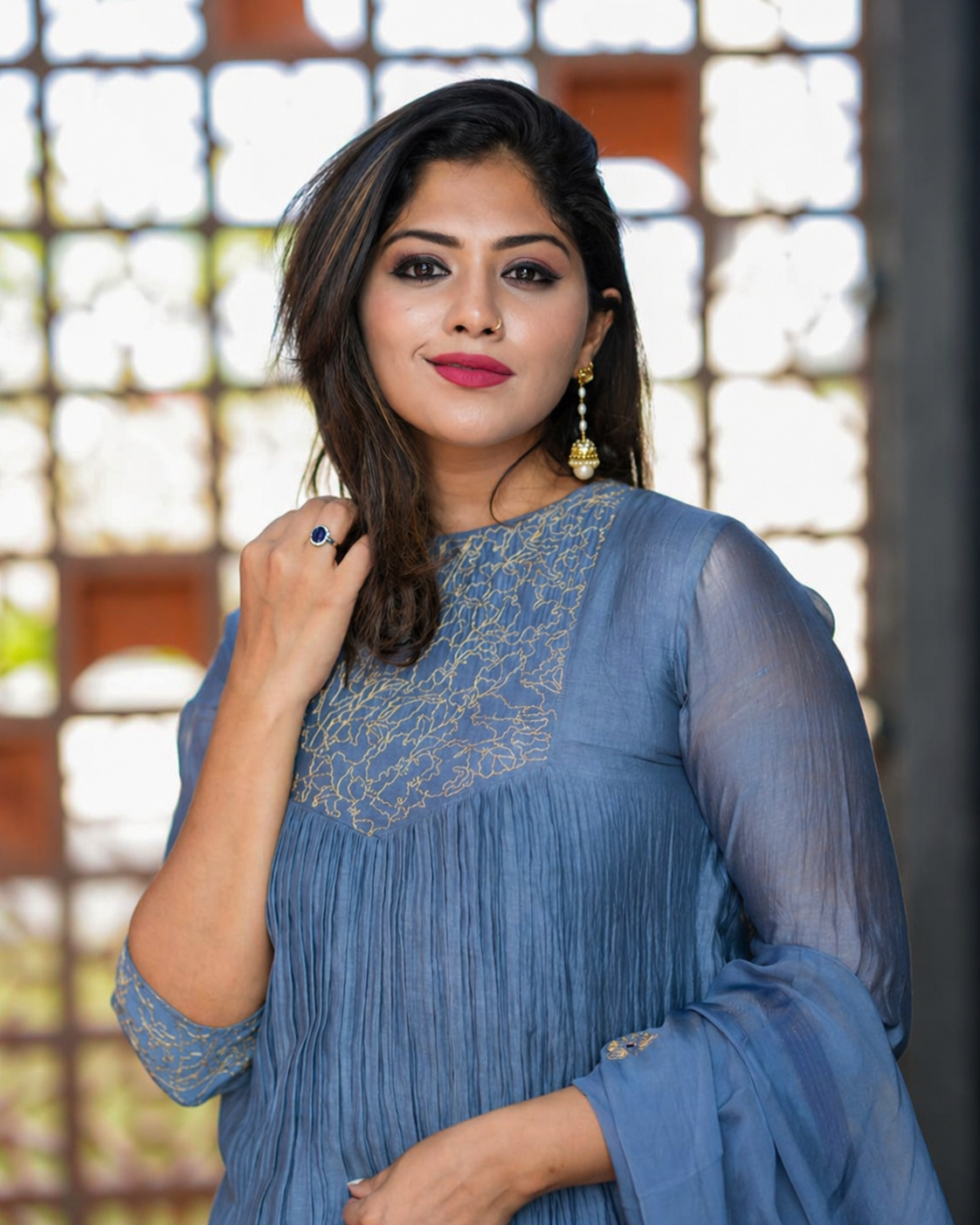 Cool grey hand embroidered salwar set featuring elegant detailing, crafted for a refined ethnic look with timeless sophistication
