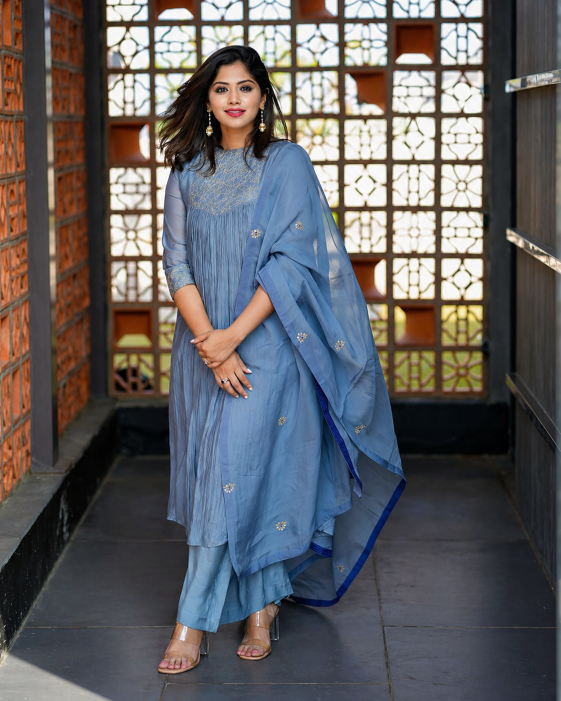 Cool grey hand embroidered salwar set featuring elegant detailing, crafted for a refined ethnic look with timeless sophistication