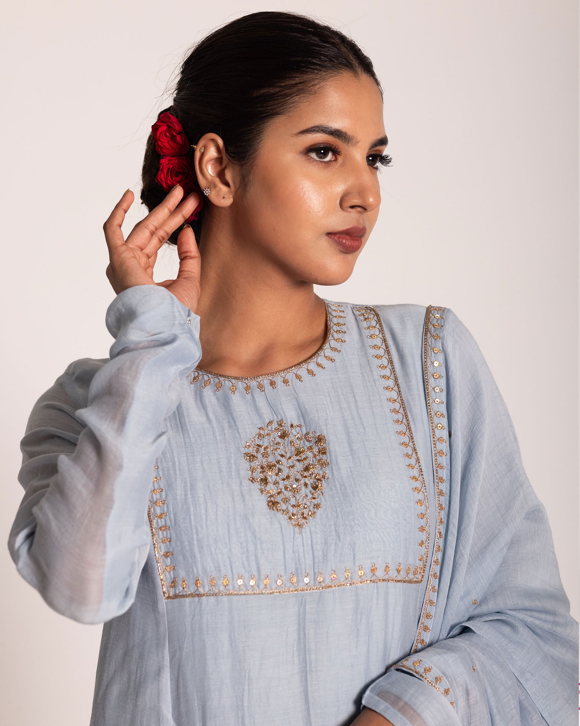 Pastel blue salwar set with soothing hues and elegant simplicity, crafted for a serene and effortlessly graceful ethnic look.